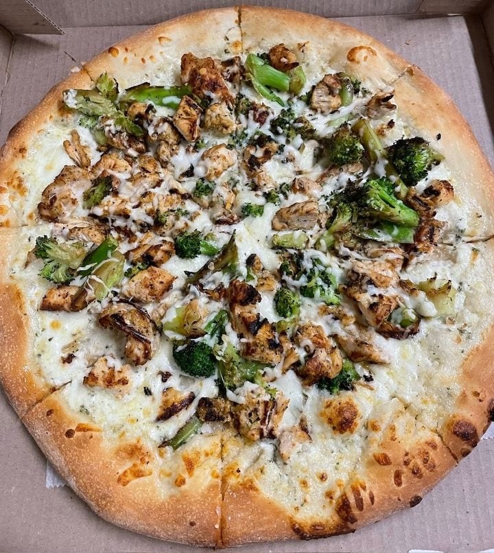 Chicken Broccoli Alfredo Pizza.