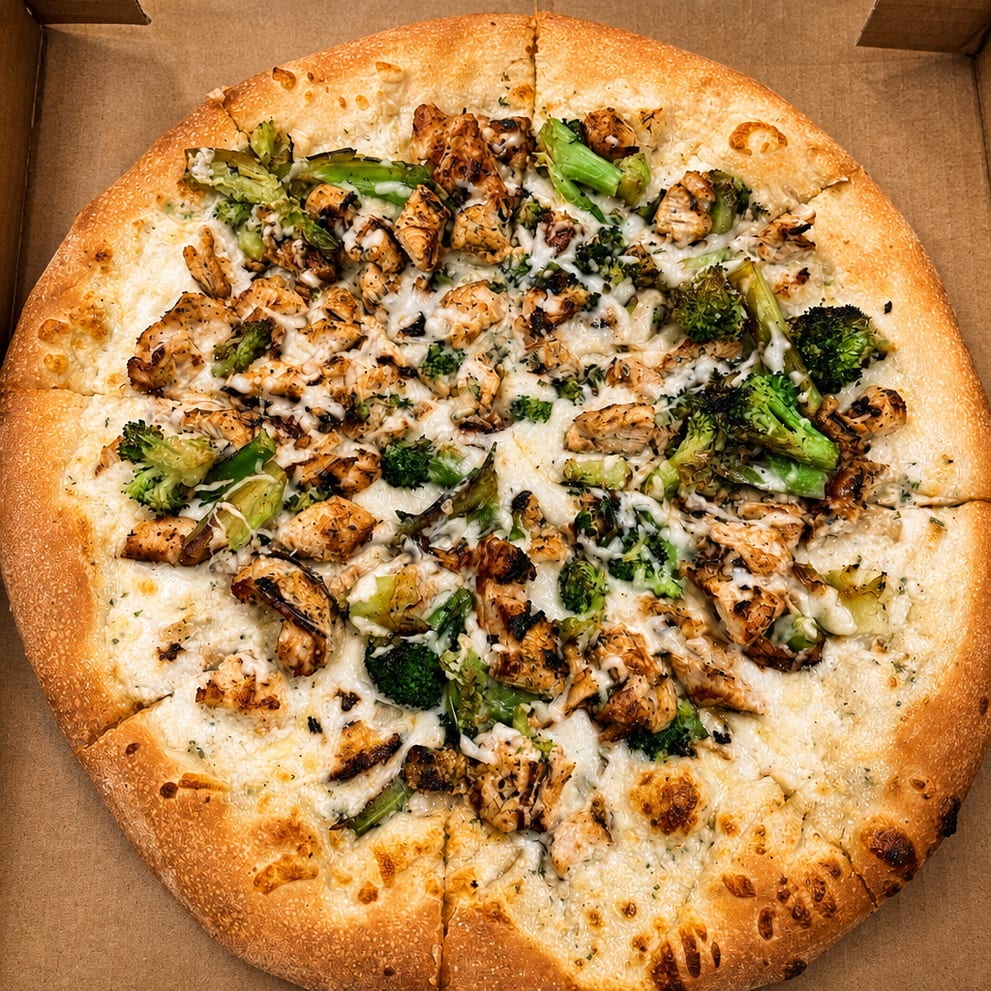 Chicken Broccoli Alfredo Pizza.