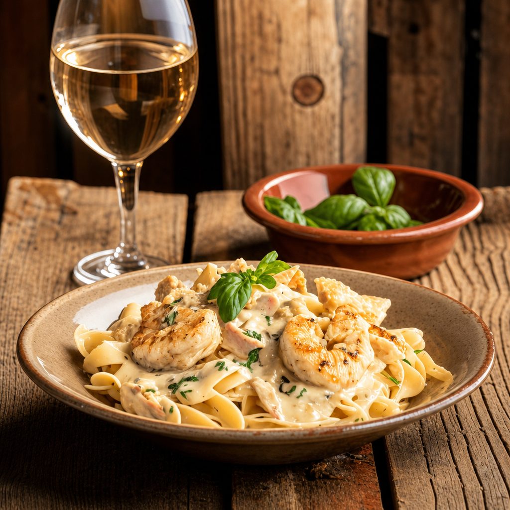 Chicken and Shrimp Alfredo Pasta.