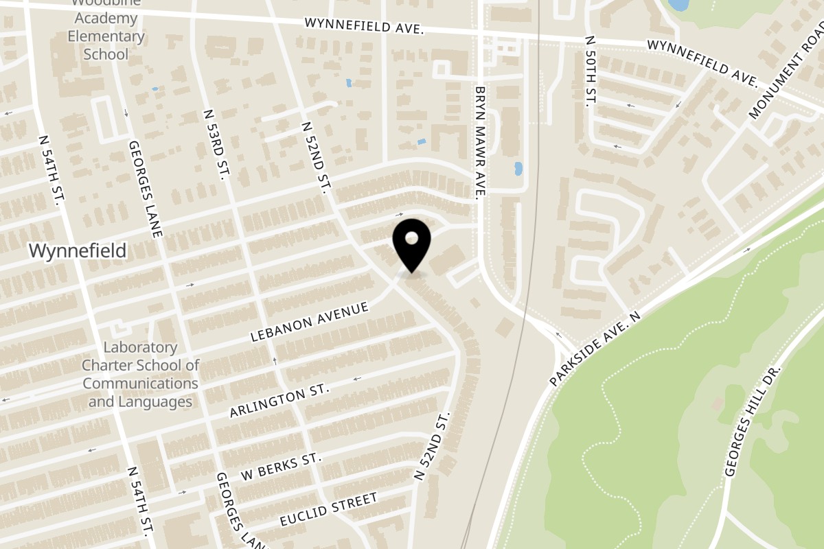 Map showing the location of Robola Pizzeria on 1999 N 52nd St in Philadelphia